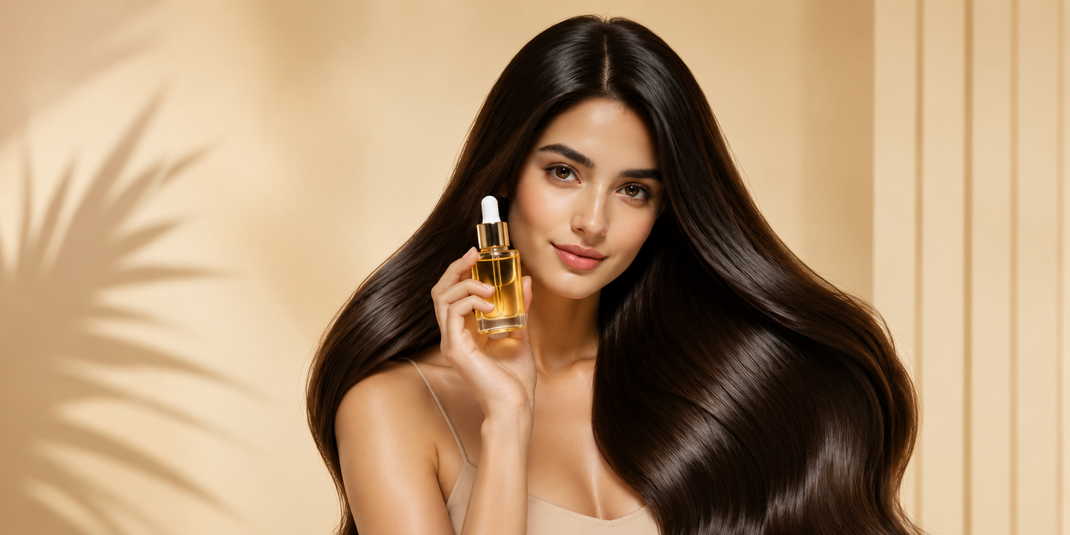 Woman with long, wavy hair holding a bottle of hair oil against a beige background