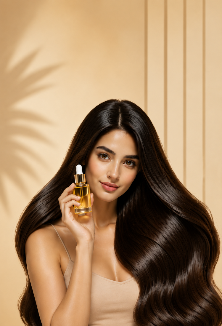 Woman with long, wavy hair holding a bottle of hair oil against a beige background